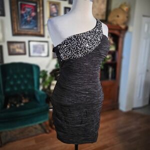 Foreign Exchange One Shoulder Sequin Bodycon Mini Dress Black Ruched S